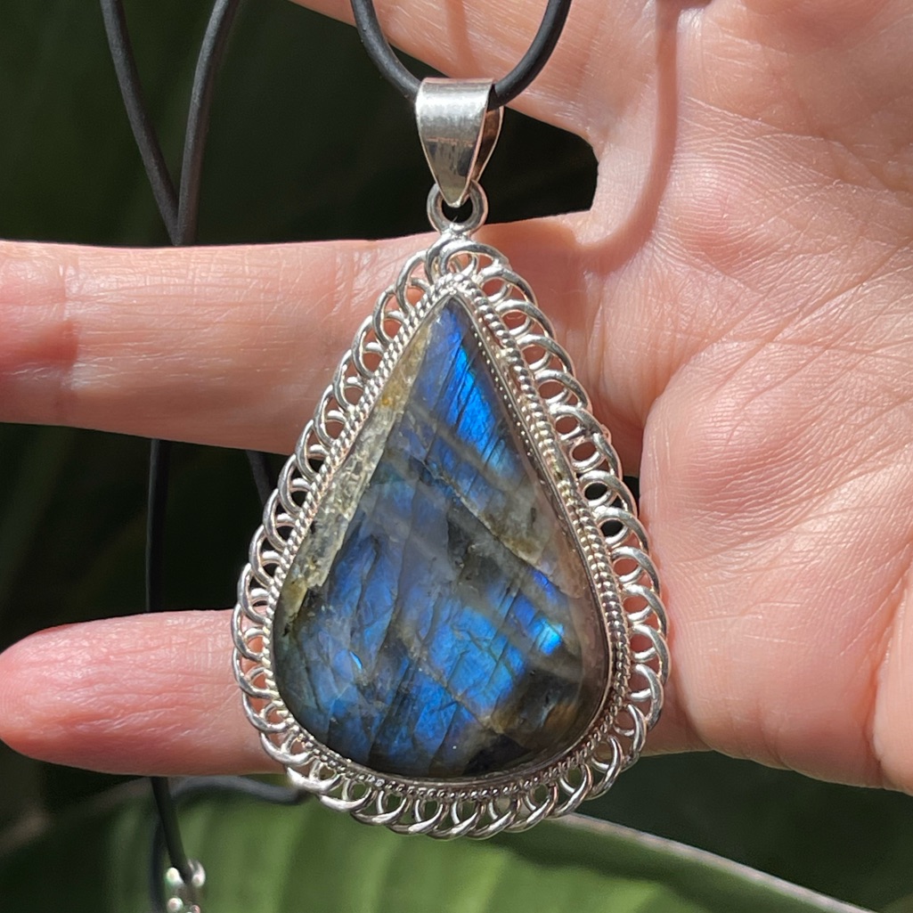 Natural Labradorite Solid Sterling Silver Pendant And Black Cord Strap